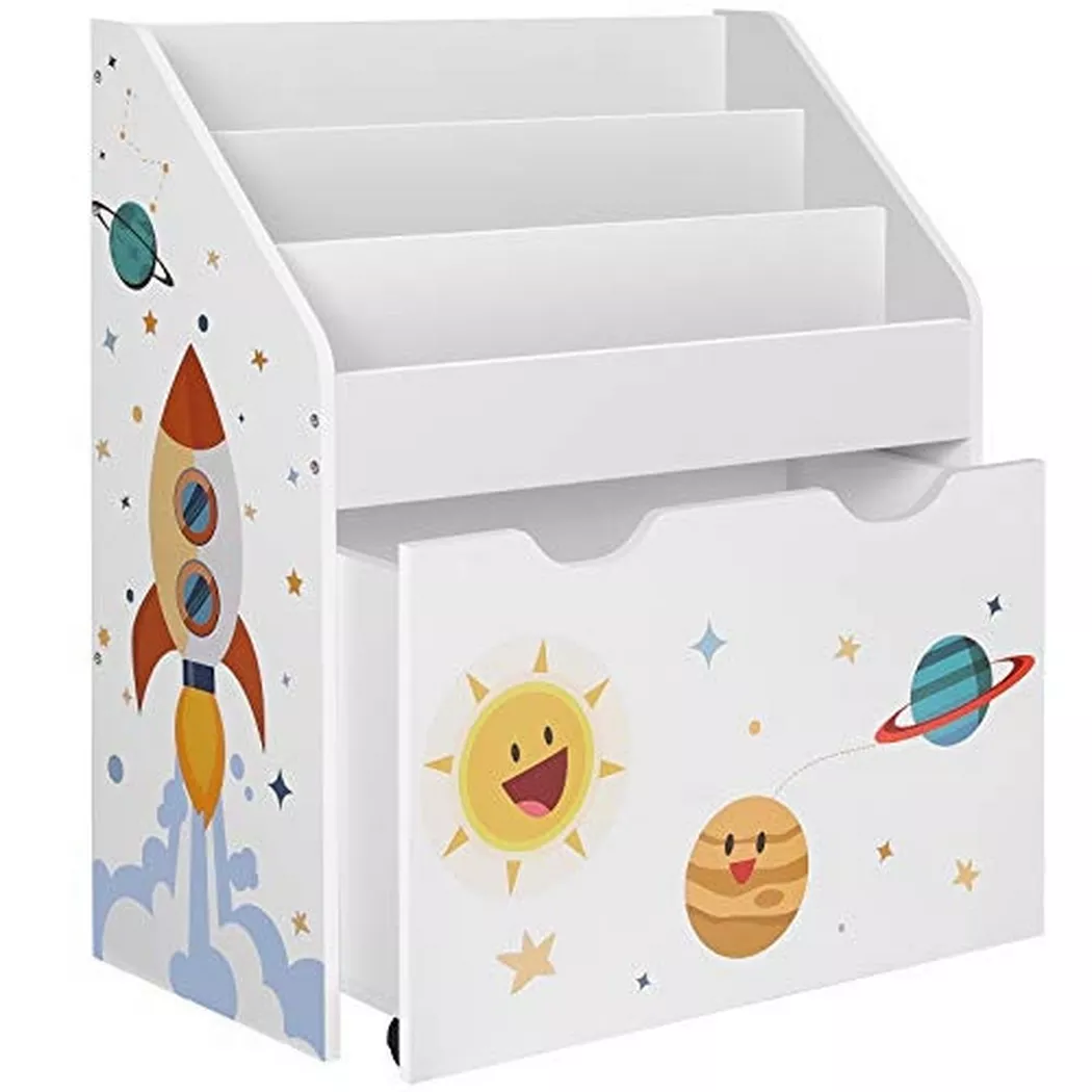 Pricenet - Libreria per bambini a tema spaziale con scatola dei giocattoli e ruote, 80cm, Blanco