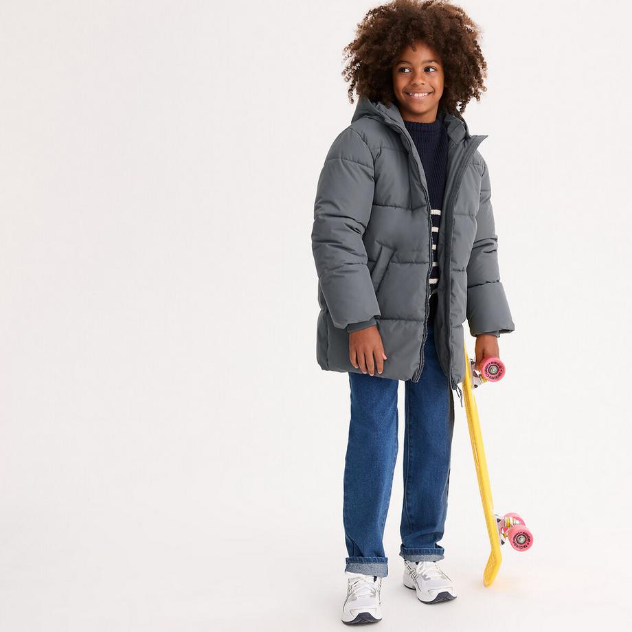 Langer Steppmantel mit Kapuze