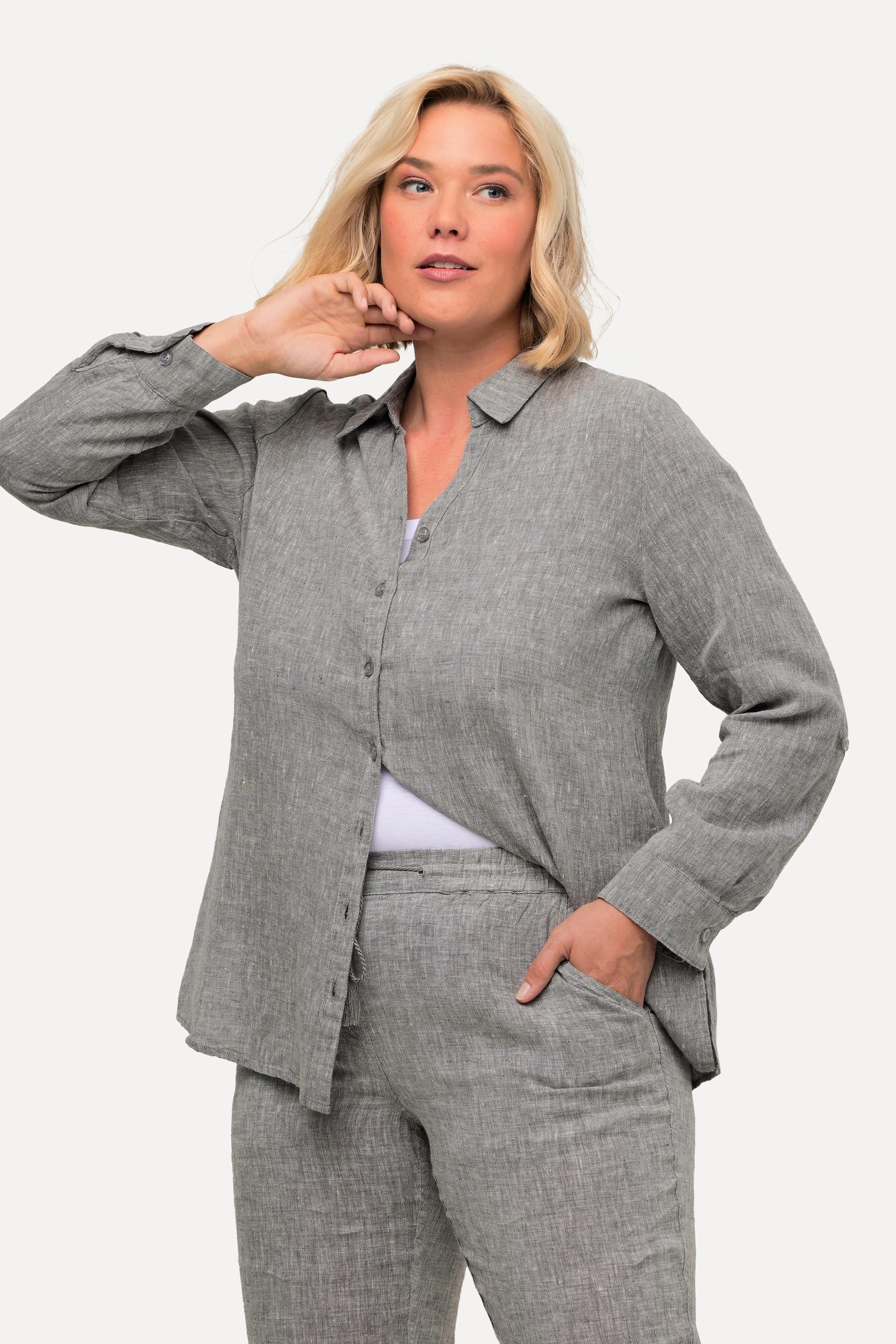 Ulla Popken  Bluse, Leinen, offener Kragen, Langarm 