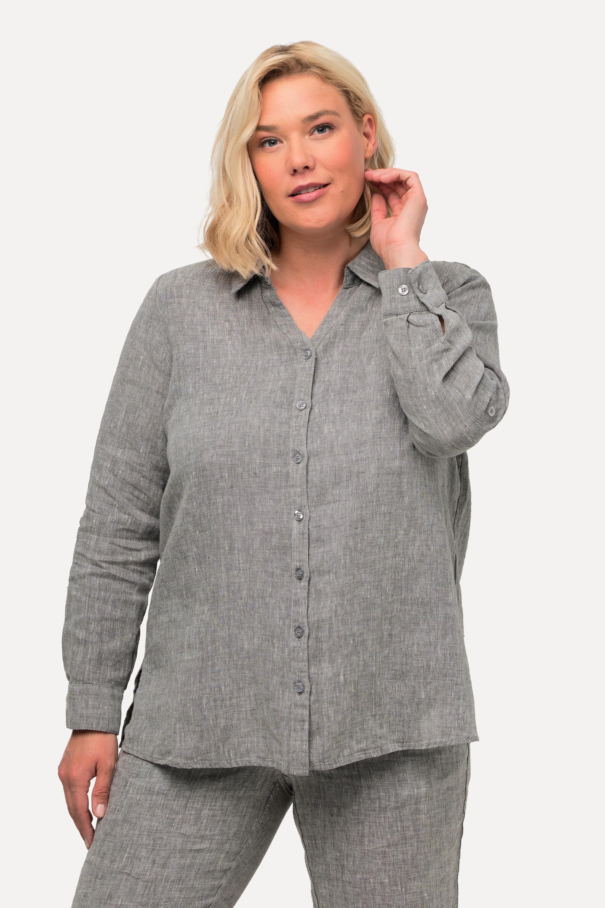 Ulla Popken  Bluse, Leinen, offener Kragen, Langarm 