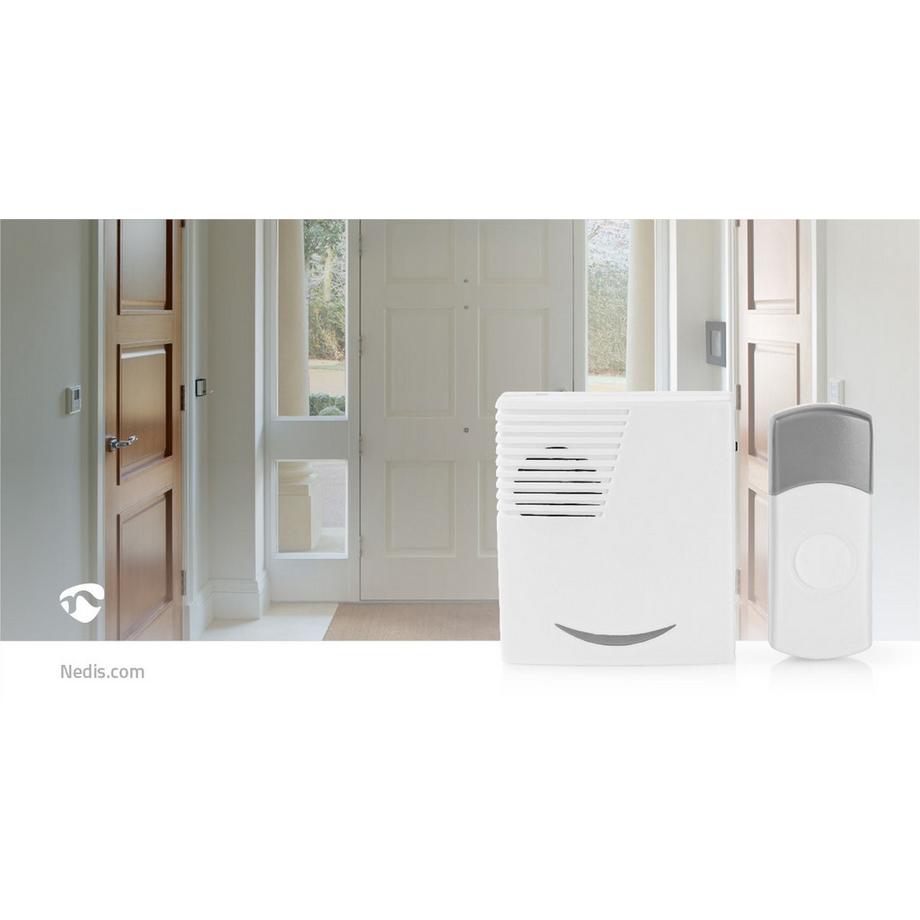 Nedis  Funk-Türklingel | Batteriebetrieb | 3 V DC | 1x CR2032 | Lautstärke: 80 dB | Signalreichweite: 300 m | IP44 | 36 Melodien | 1 Empfänger | Grau / Weiß 