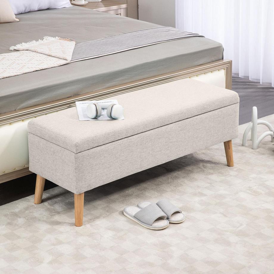 Northio Panca panca imbottita con vano contenitore panca letto effetto lino per corridoio camera da letto soggiorno legno della gomma beige 110 x 39 x 45 cm  