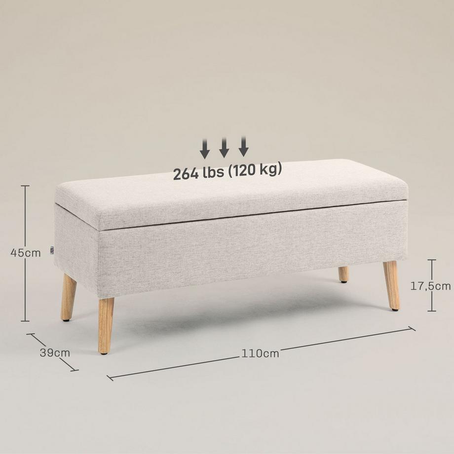 Northio Panca panca imbottita con vano contenitore panca letto effetto lino per corridoio camera da letto soggiorno legno della gomma beige 110 x 39 x 45 cm  