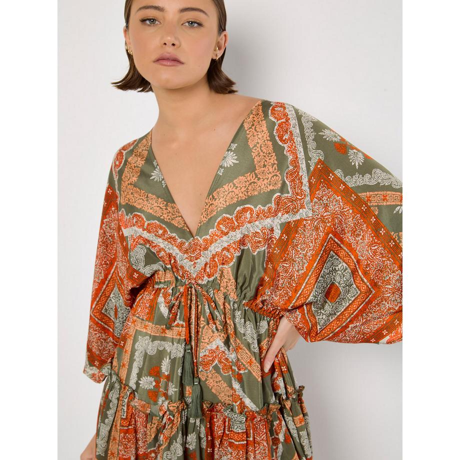 APRICOT Mini Robe Kaftan Imprimé Foulard en Satin  