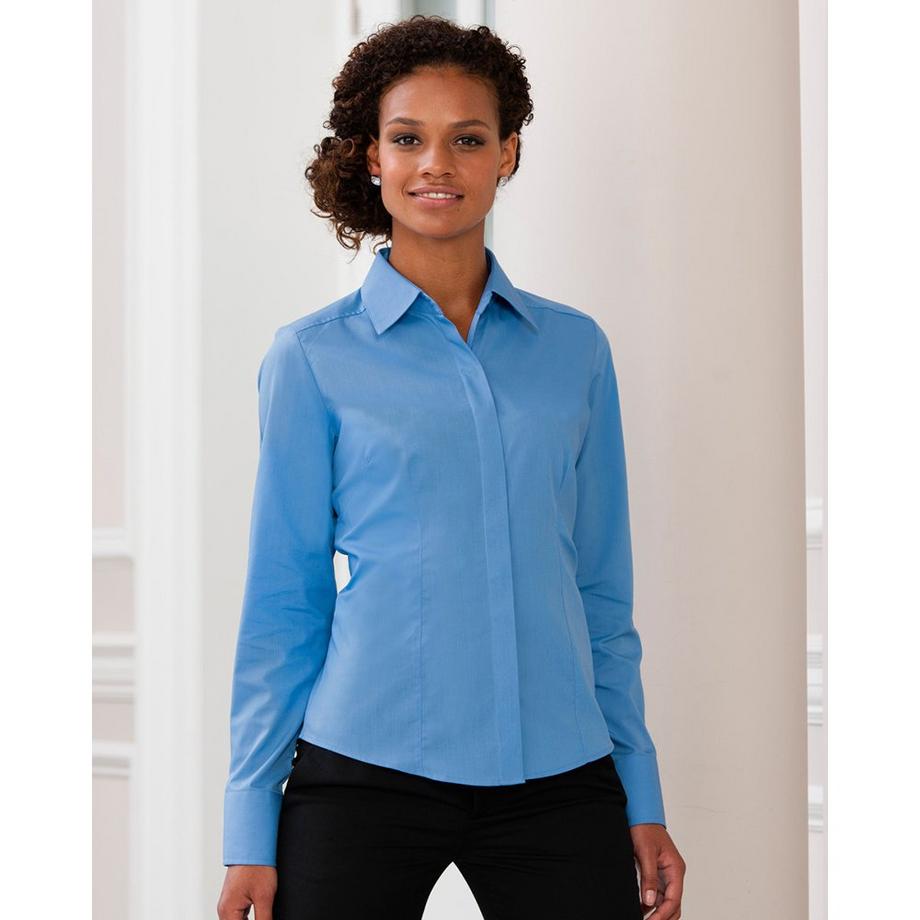 Russell Collection Popelin Langarm Pflegeleicht Taillierte Bluse  