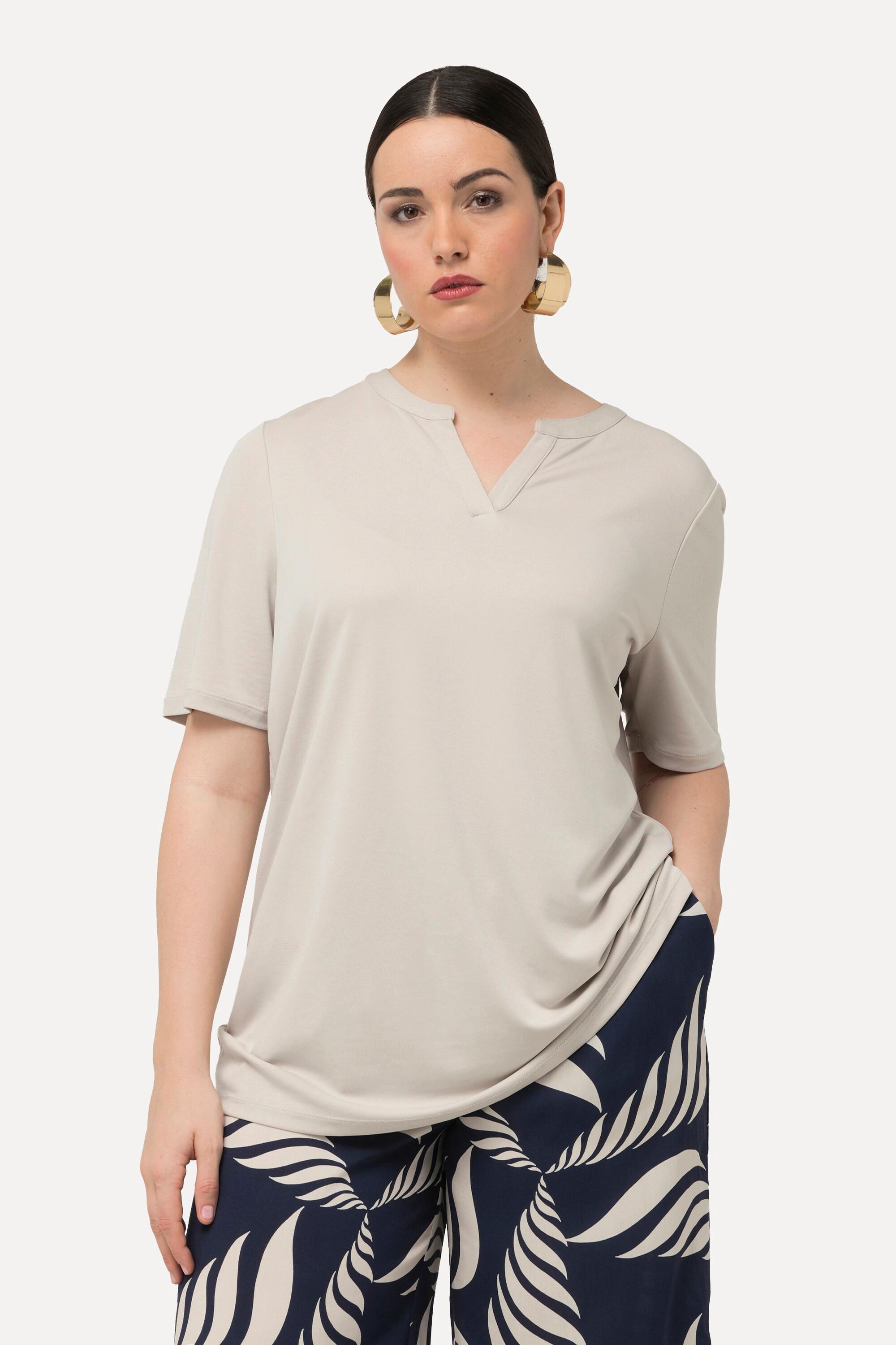 Ulla Popken  T-shirt con modal, scollo a tunica e mezze maniche 