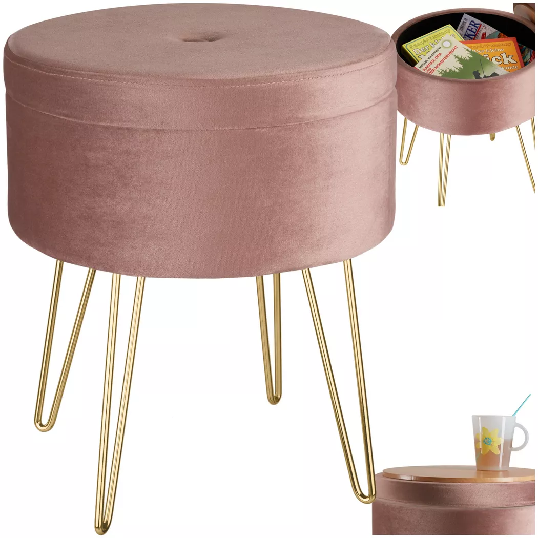 tectake Stool Ava - Round, Padded Velvet Look, With Storage Space in Rose