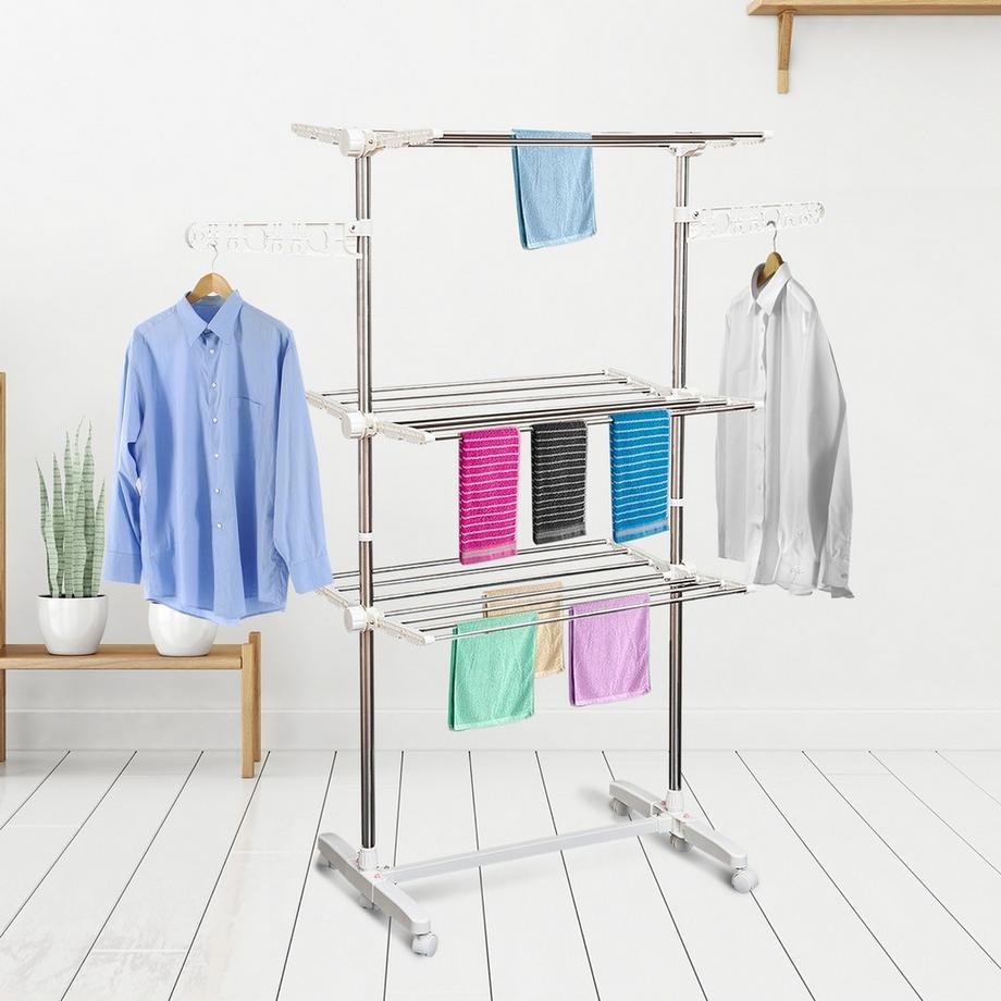 Northio  Étendoir À Linge Mobile Sèche-Linge 3 Niveaux Rouleau Pliable 80-142 X 55 X 152 Cm 