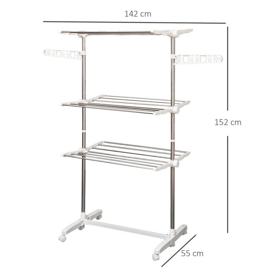Northio  Étendoir À Linge Mobile Sèche-Linge 3 Niveaux Rouleau Pliable 80-142 X 55 X 152 Cm 