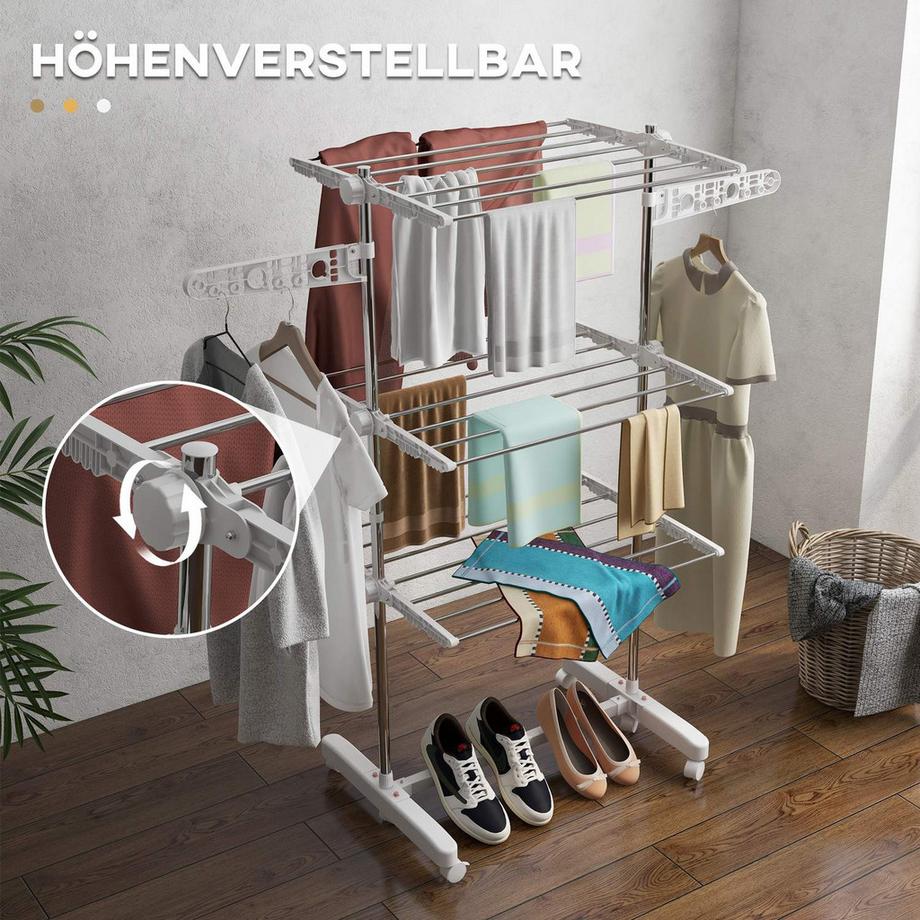 Northio  Étendoir À Linge Mobile Sèche-Linge 3 Niveaux Rouleau Pliable 80-142 X 55 X 152 Cm 