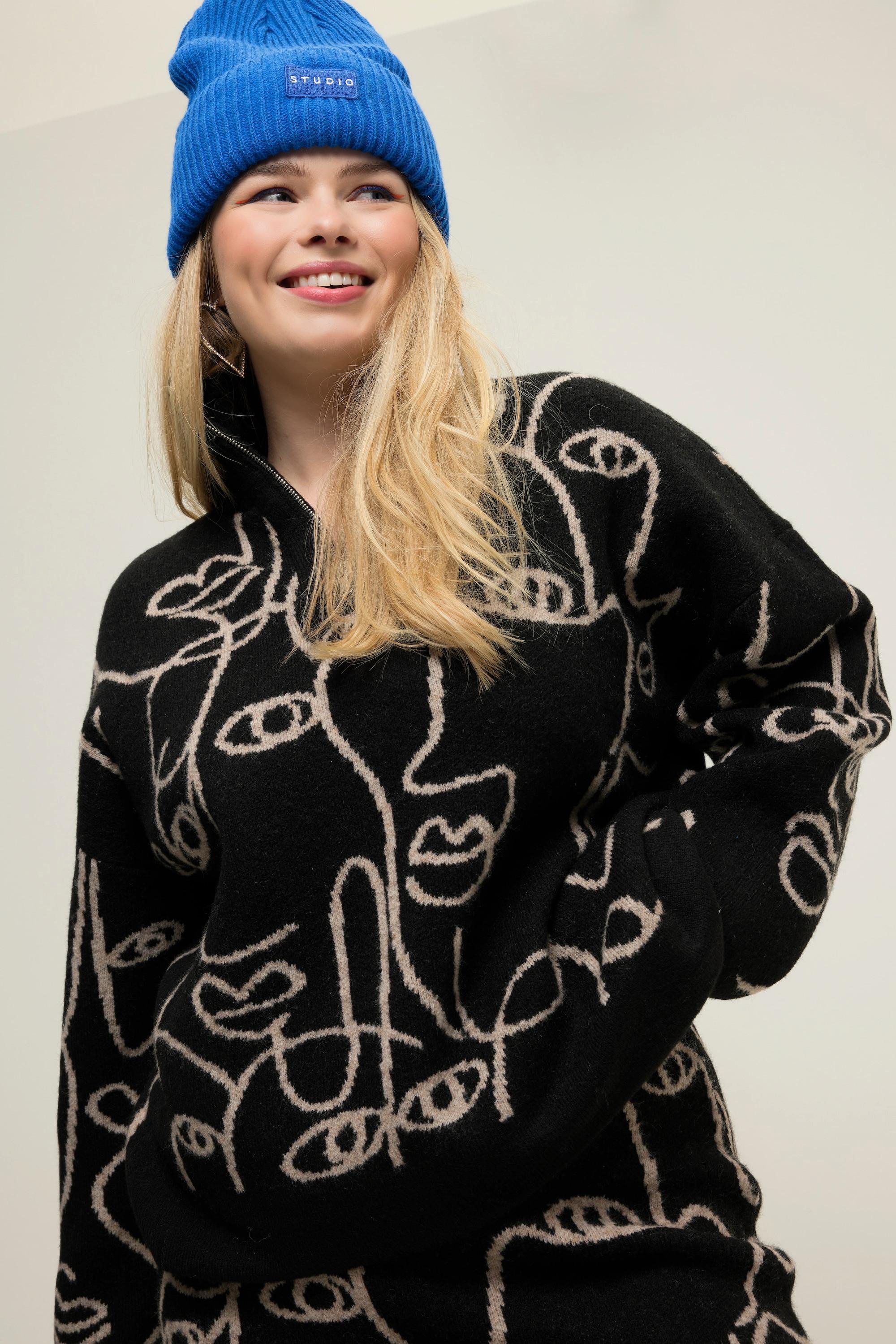 Studio Untold  Maglione polo dal taglio oversize con design con volti, collo alto e zip 