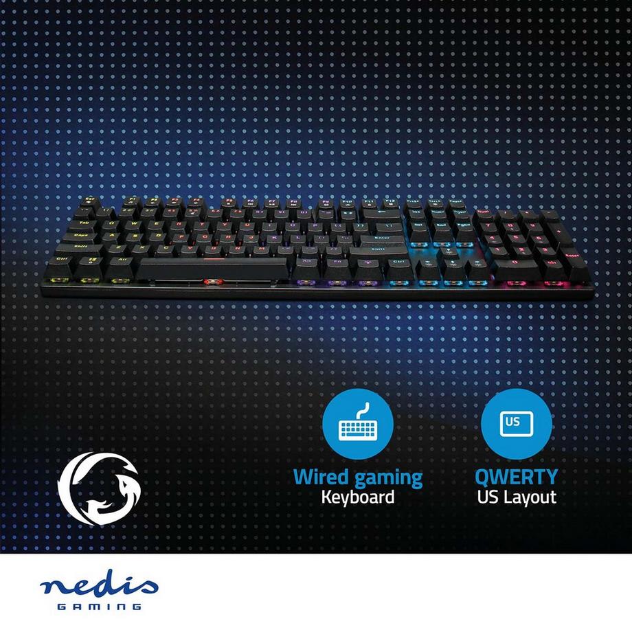 Nedis  Tastiera da gioco cablata | USB Type-A | Tasti meccanici | LED | QWERTY | Layout USA | Alimentazione USB | Lunghezza cavo di alimentazione: 1,50 m | Gioco 