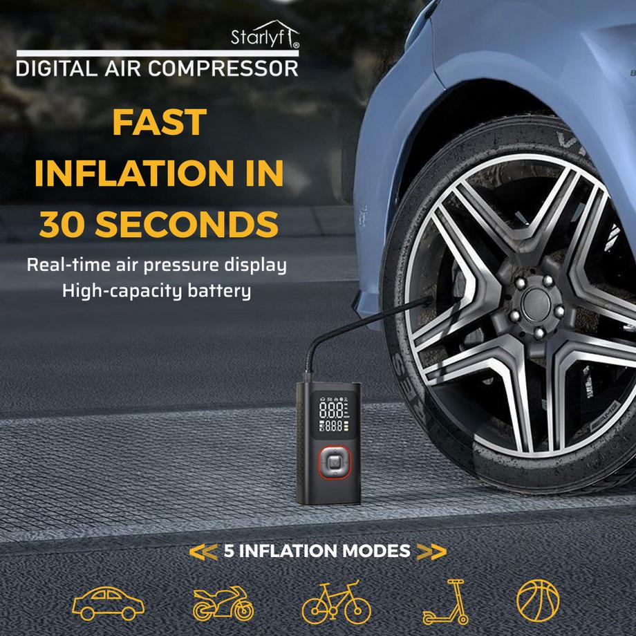 STARLYF  Digital Air Compressor-Compresseur d'air numérique, gonfleur de pneus portable, arrêt automatique avec témoin lumineux à 3 LED, 150 PSI, noir 