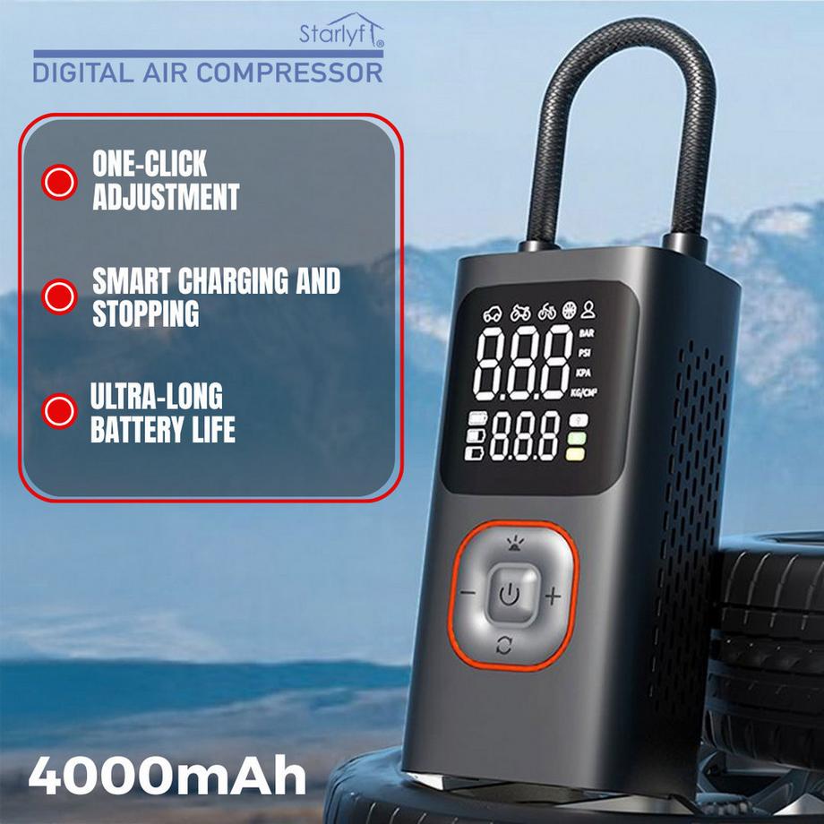 STARLYF  Digital Air Compressor-Compresseur d'air numérique, gonfleur de pneus portable, arrêt automatique avec témoin lumineux à 3 LED, 150 PSI, noir 