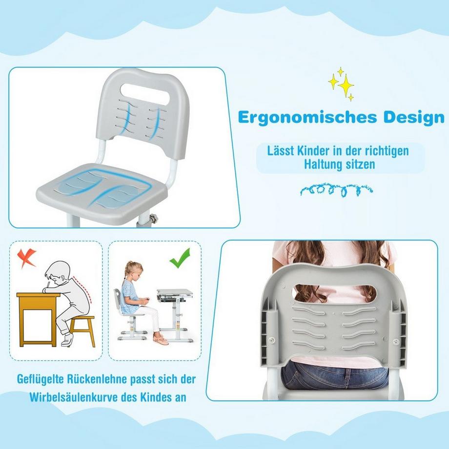 Northix  Höhenverstellbares Kinderschreibtisch Set mit Neigbarer Tischplatte & Schublade mit Stuhl Grau 