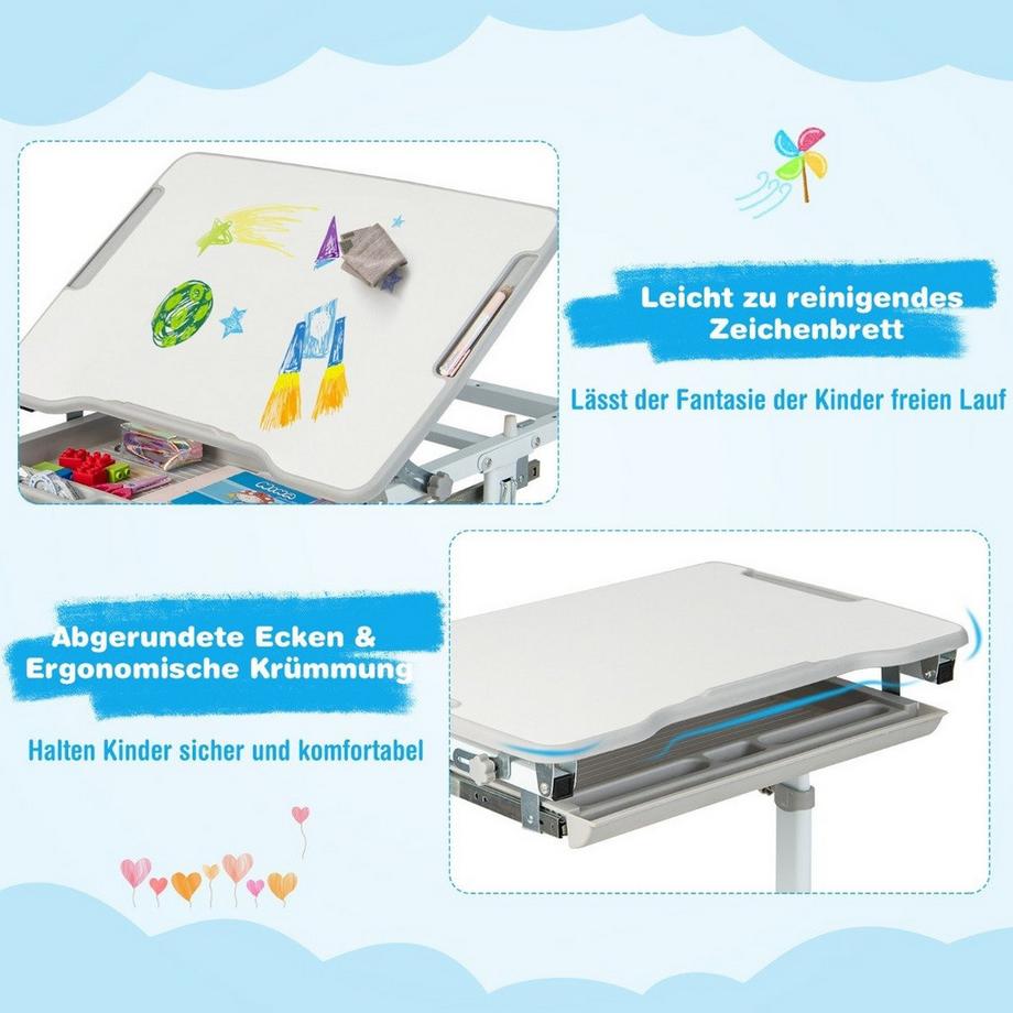 Northix  Höhenverstellbares Kinderschreibtisch Set mit Neigbarer Tischplatte & Schublade mit Stuhl Grau 