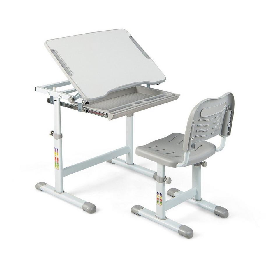 Northix  Höhenverstellbares Kinderschreibtisch Set mit Neigbarer Tischplatte & Schublade mit Stuhl Grau 