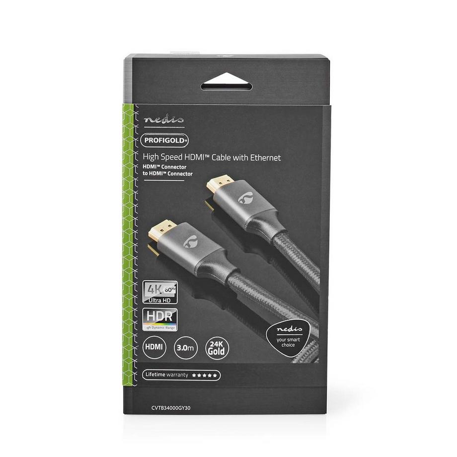 Nedis  High Speed HDMI™ Kabel mit Ethernet | HDMI™ Connector | HDMI™ Connector | 4K@60Hz | ARC | 18 Gbps | 3,00 m | Rund | Baumwolle | Grau mit Metall | Karton mit abgedecktem Fenster 