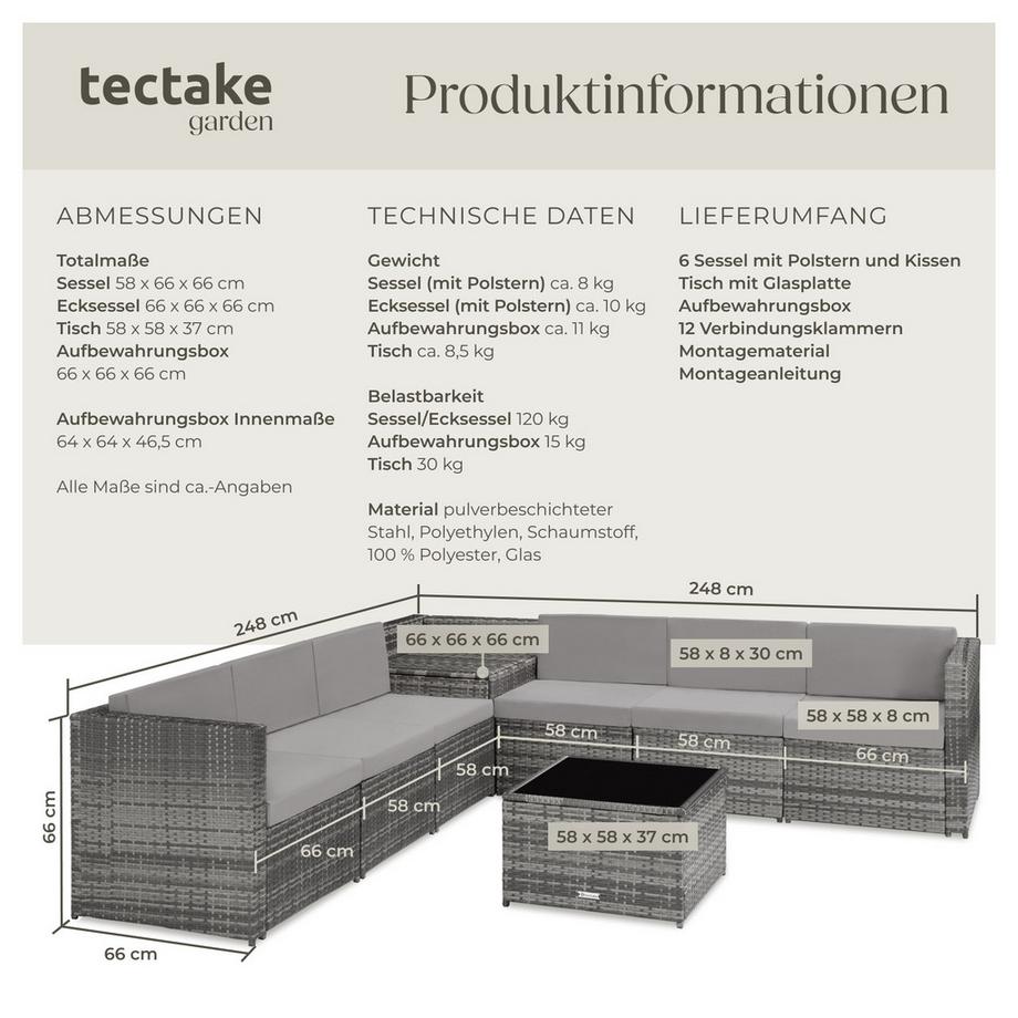 Tectake Rattan Lounge Verona für 6 Personen widerstandsfähig und UV-beständig  