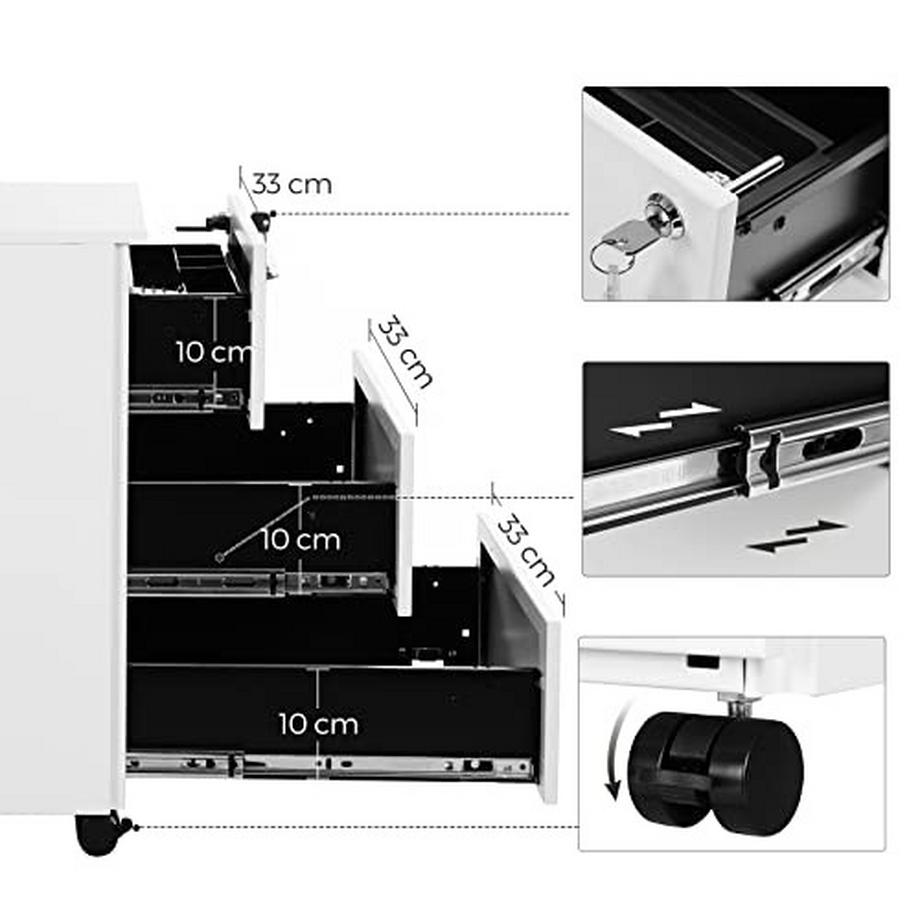 Pricenet Rollbarer Aktenschrank aus Stahl mit 3 Schubladen, Schloss und Rollen  
