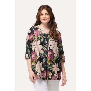 Ulla Popken  Bluse, Blüten, A-Linie, Tunika-Ausschnitt, 3/4-Arm 