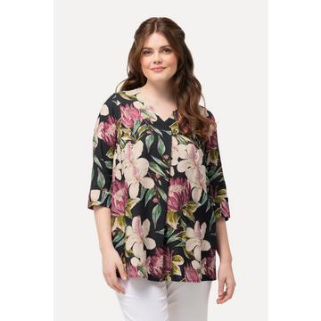 Bluse, Blüten, A-Linie, Tunika-Ausschnitt, 3/4-Arm