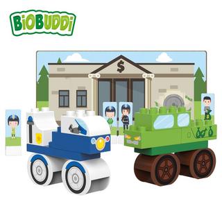 Biobuddi  BB-0125 Bausatz Bank, biologische Bausteine zum Stecken, kompatibel zu anderen Marken, hergestellt aus Bio Kunststoff, 18 Klemmbausteine, Spielhintergrund und Pappspielfiguren 