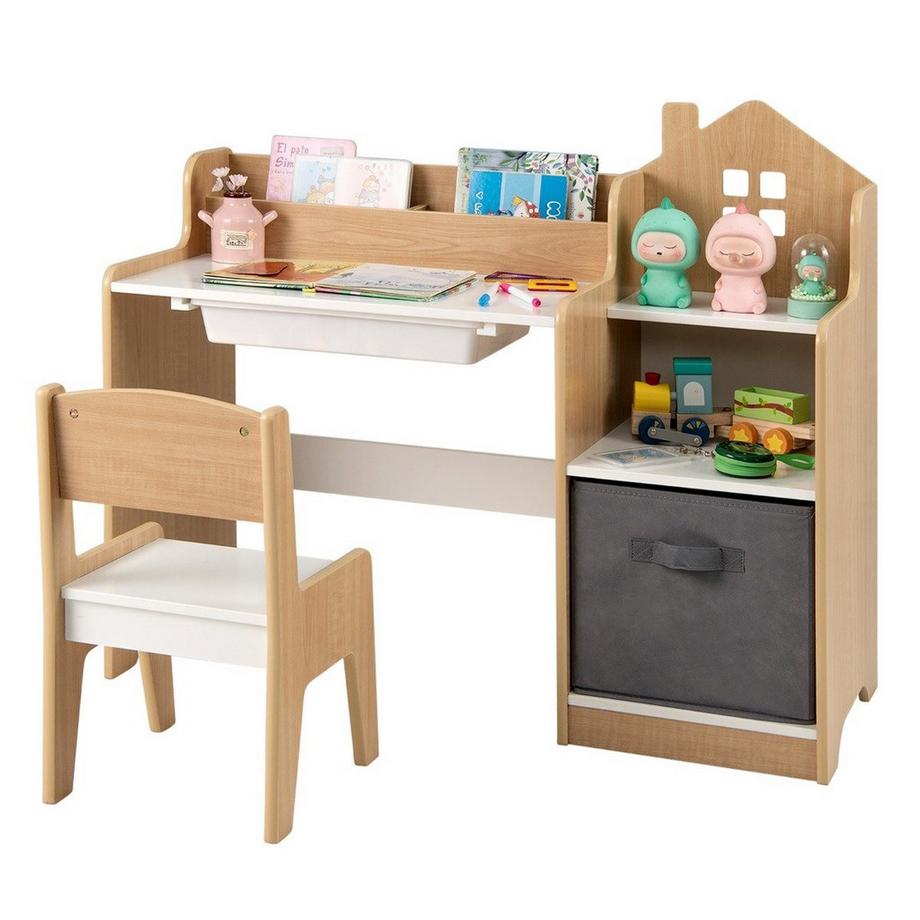 Northix  Ensemble bureau et chaise pour enfants Table d'étudiant avec étagères ouvertes Blanc + Naturel 