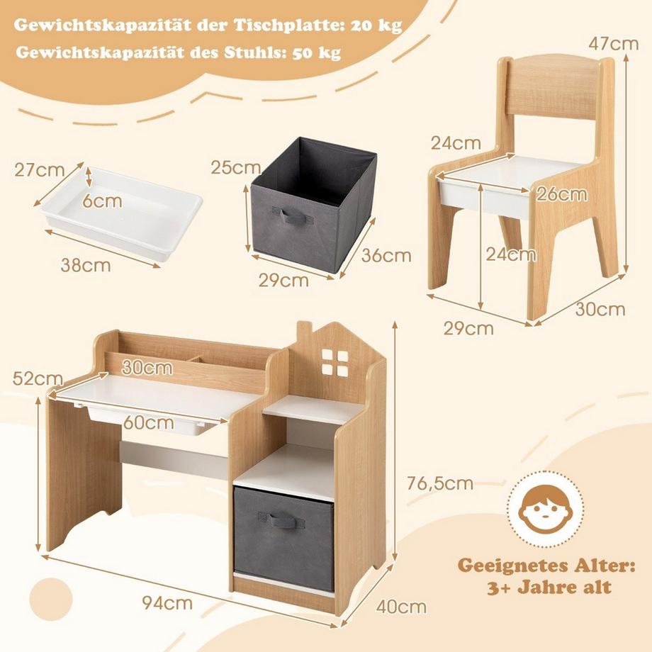 Northix  Ensemble bureau et chaise pour enfants Table d'étudiant avec étagères ouvertes Blanc + Naturel 
