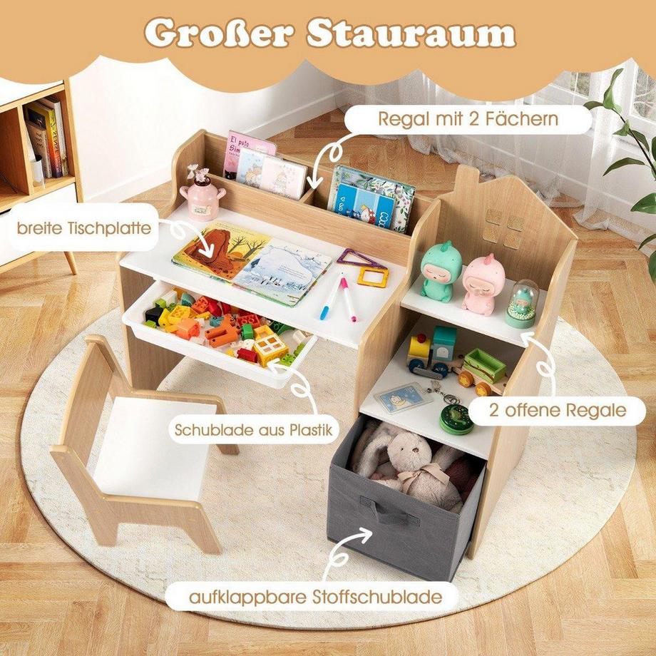 Northix  Ensemble bureau et chaise pour enfants Table d'étudiant avec étagères ouvertes Blanc + Naturel 