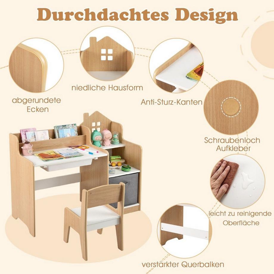 Northix  Ensemble bureau et chaise pour enfants Table d'étudiant avec étagères ouvertes Blanc + Naturel 