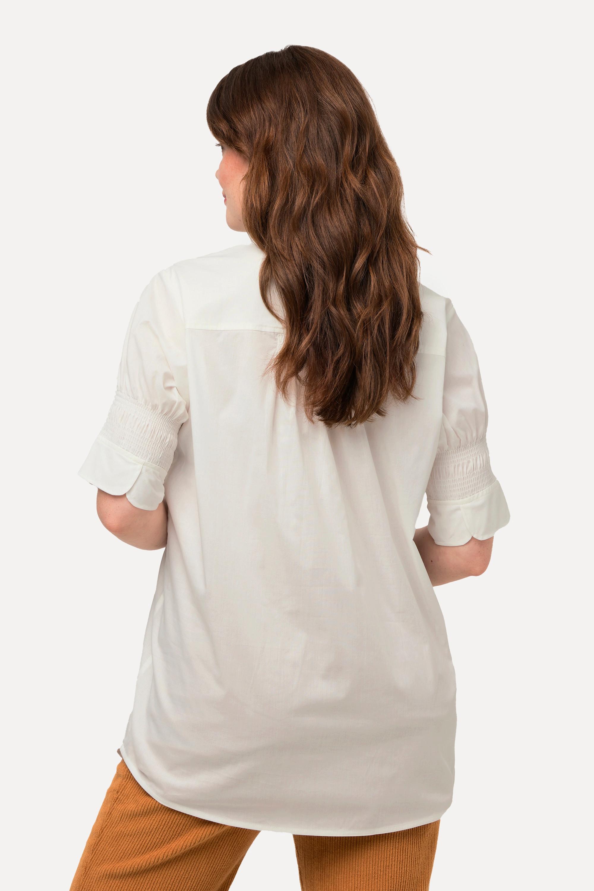 Ulla Popken  Maglia in cotone biologico con colletto da camicia e mezze maniche a punto smock 