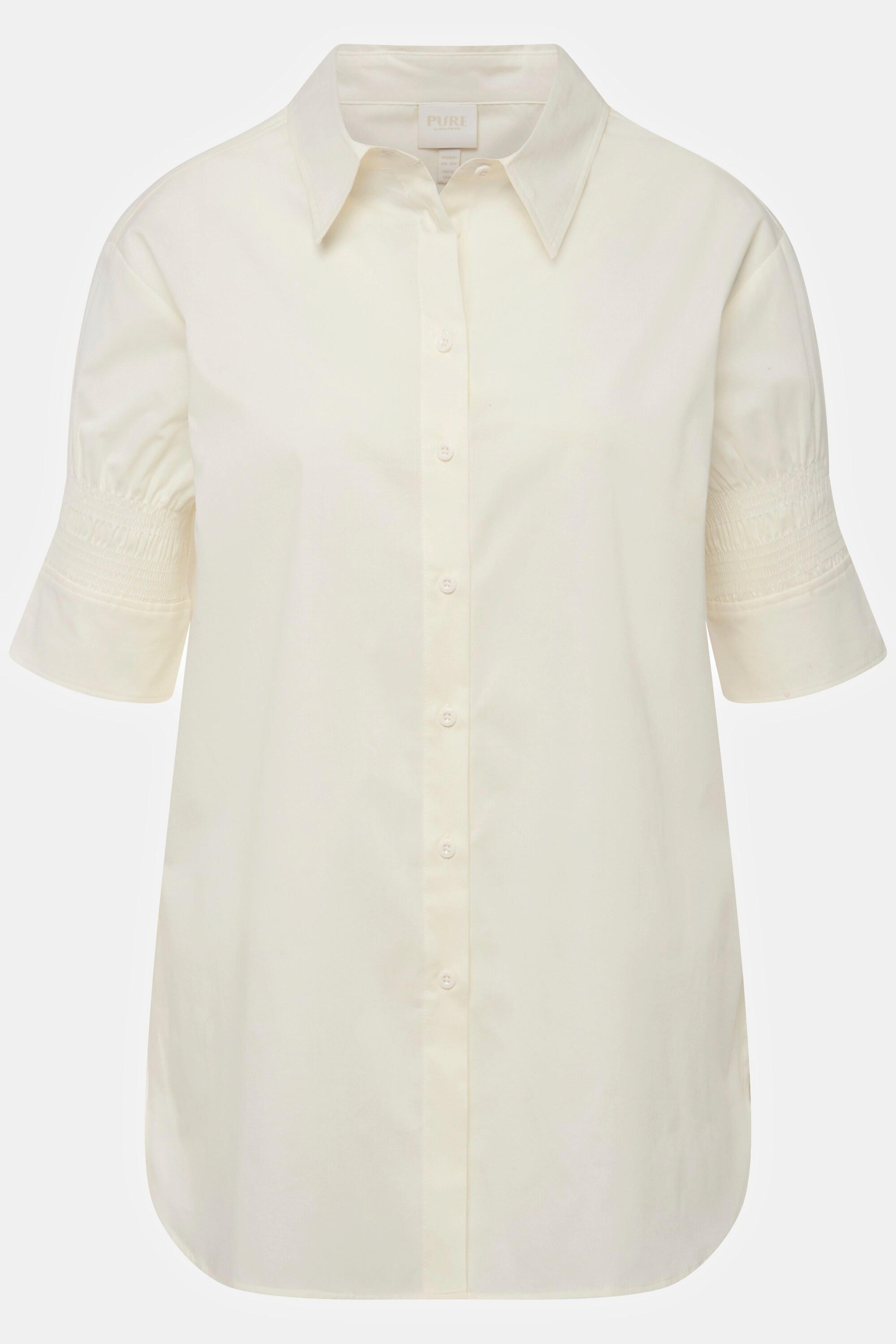 Ulla Popken  Shirtbluse, Hemdkragen, Smok-Halbarm, Biobaumwolle 