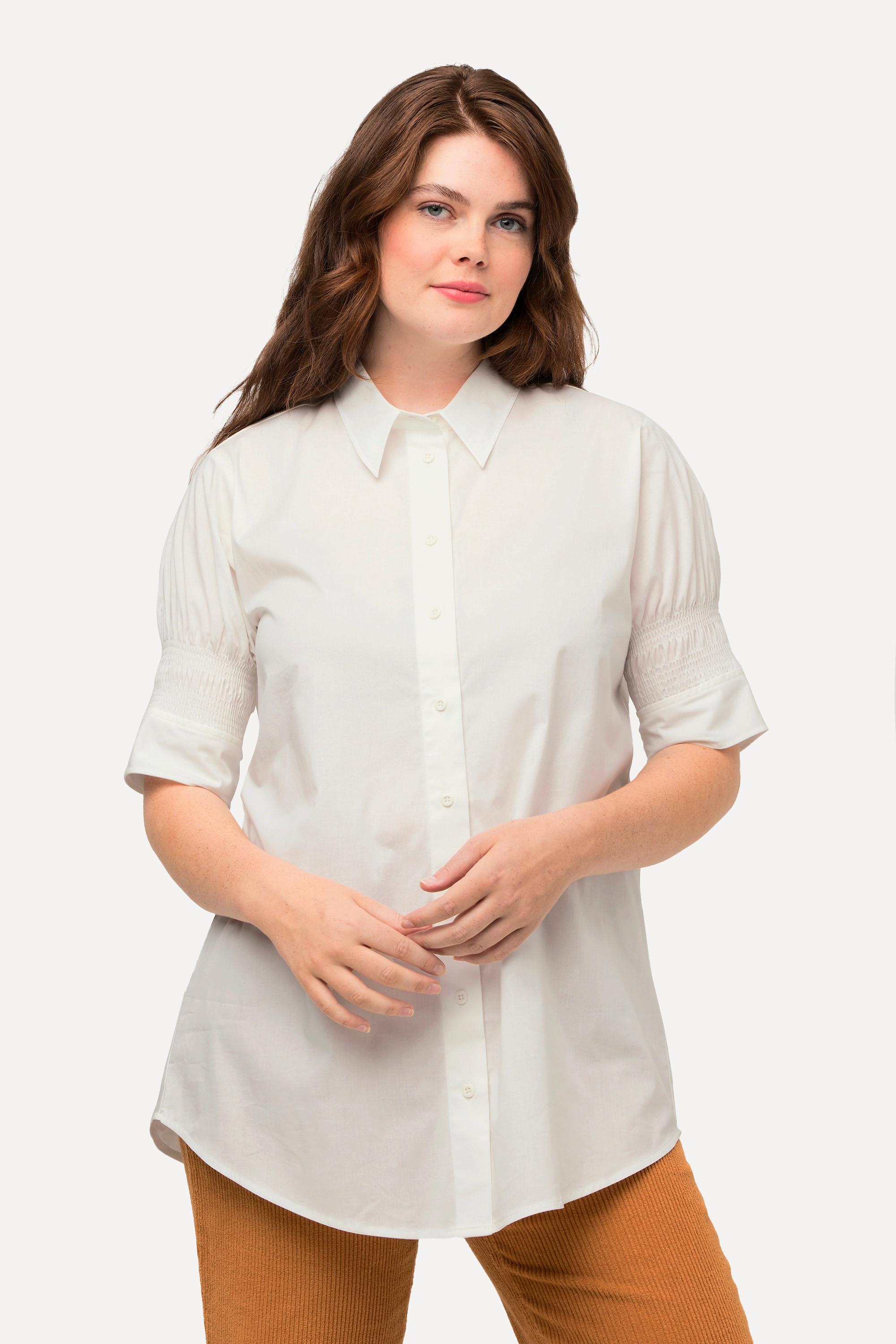 Ulla Popken  Maglia in cotone biologico con colletto da camicia e mezze maniche a punto smock 