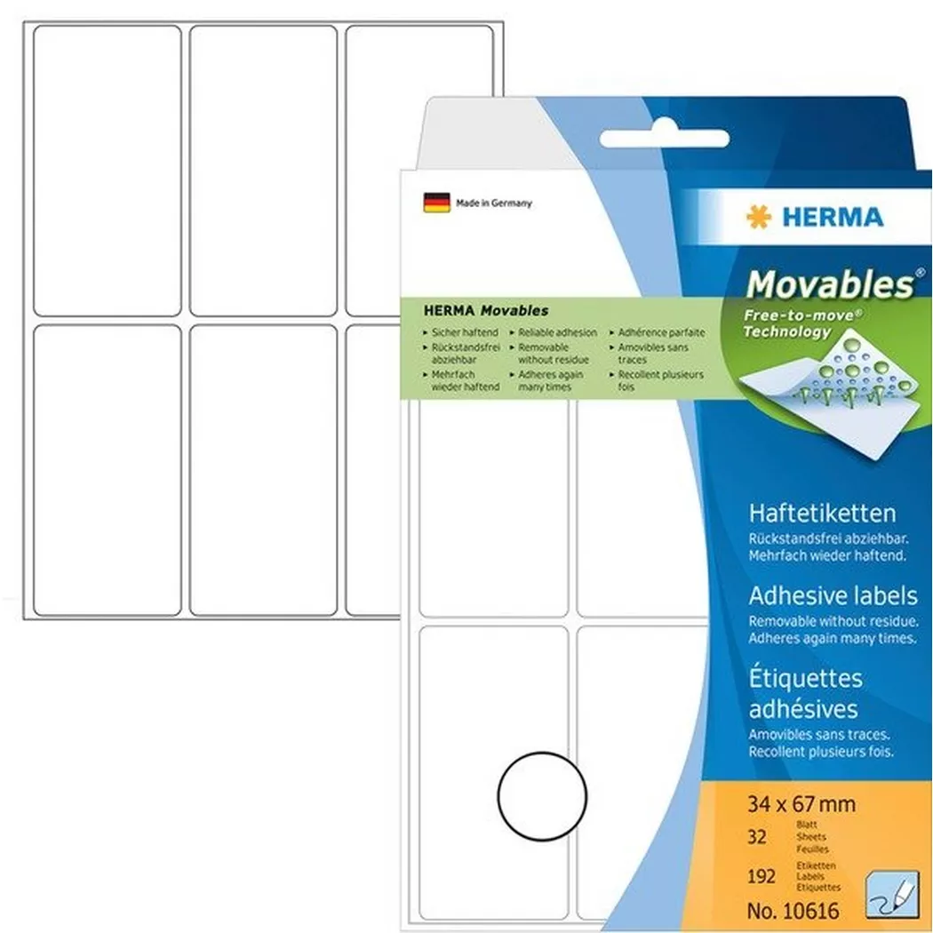 HERMA – Etiketten Movables 34×67mm 10616 weiss, non perm. 192 Stück, One Size