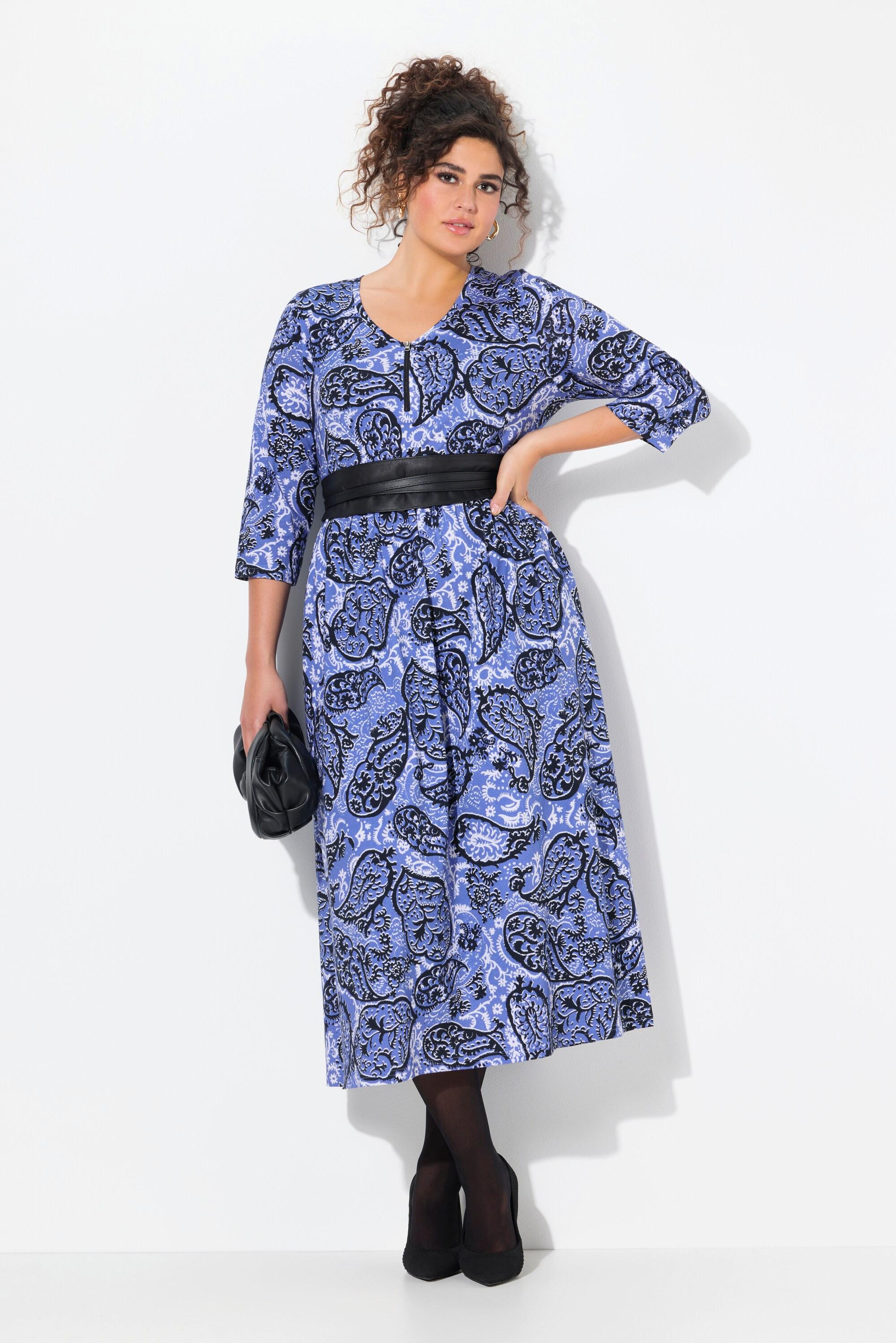 Ulla Popken  Robe, Motif Paisley, Coupe A-Ligne, Encolure V, Manches 3/4 