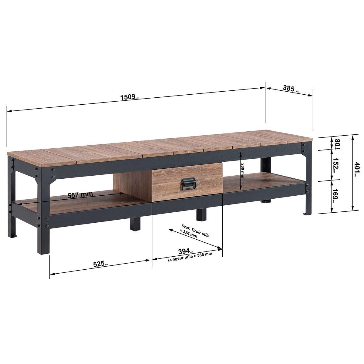 Calicosy Meuble TV style industriel avec 2 niches et 1 tiroir - L150 cm  