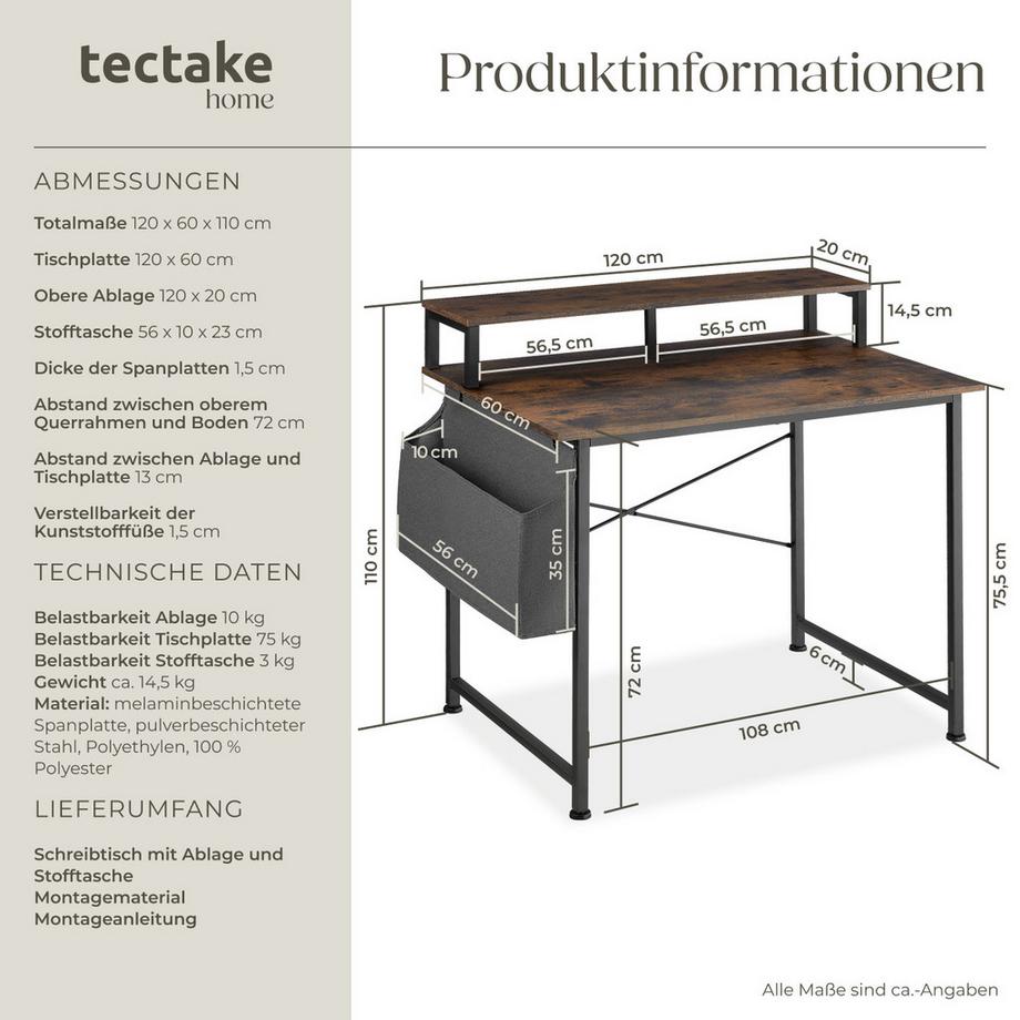 Tectake Schreibtisch Thornton Industrial Style Holz und Stahl  