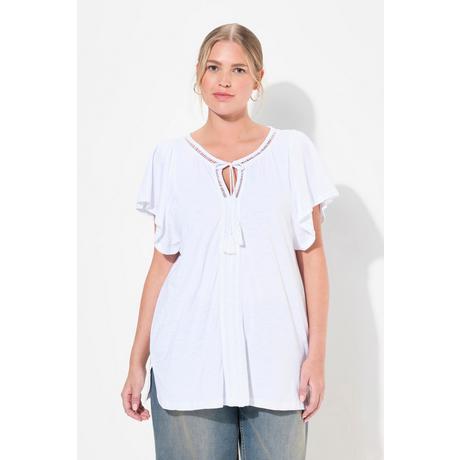 Ulla Popken  T-shirt col tunisien et manches courtes chauve-souris. Galons fantaisie. 