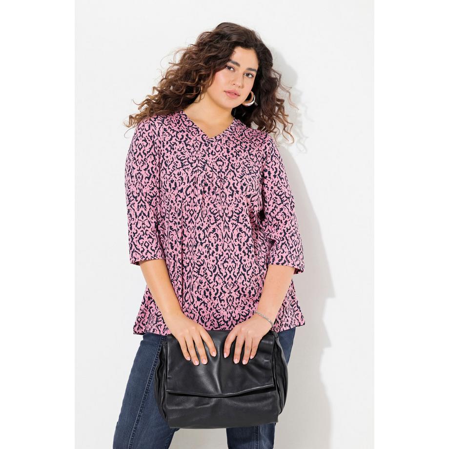 Ulla Popken Maglia Pieghe Decorative Scollo a V Maniche 3/4 Taglio Svasato  