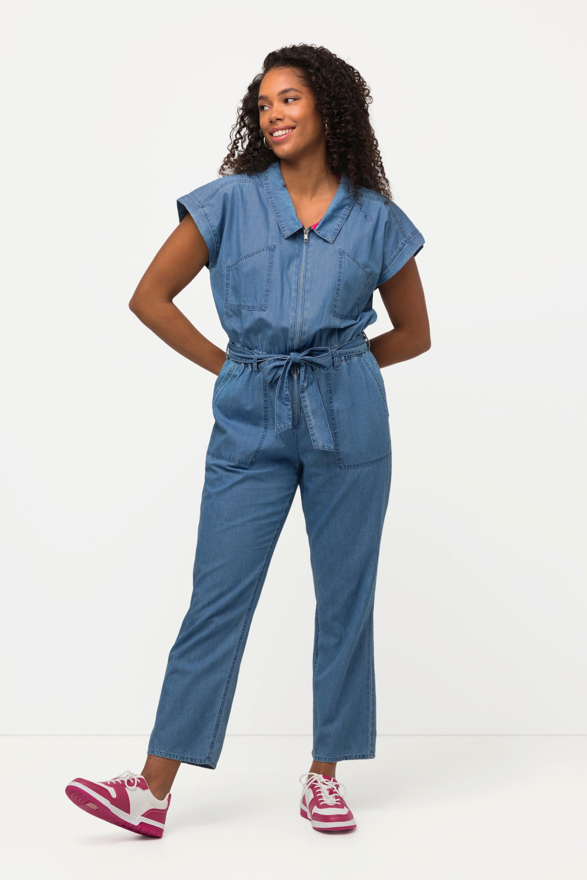 Ulla Popken  Jeans-Jumpsuit, Hemdkragen, elastische Taille, Halbarm 