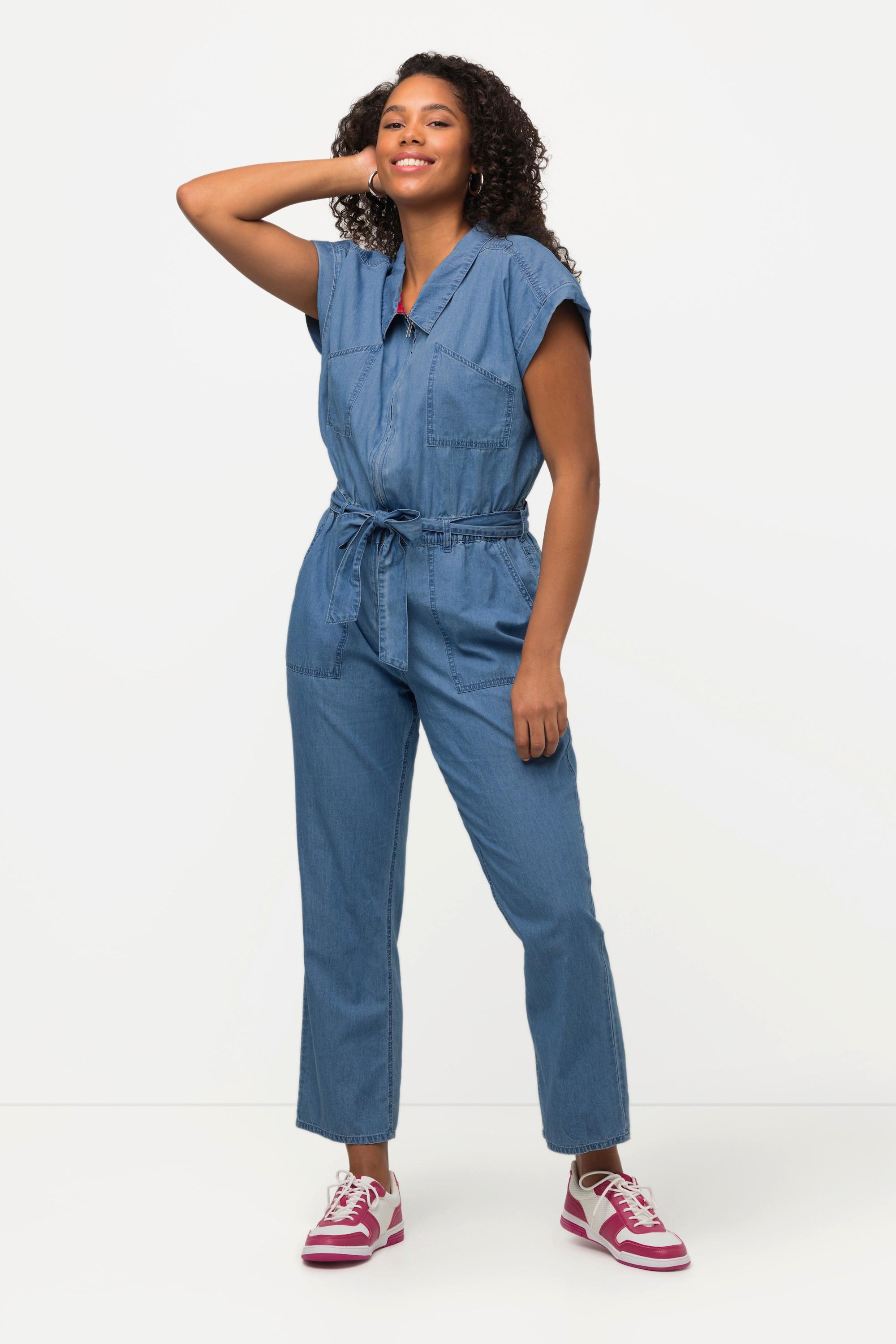 Ulla Popken  Jeans-Jumpsuit, Hemdkragen, elastische Taille, Halbarm 