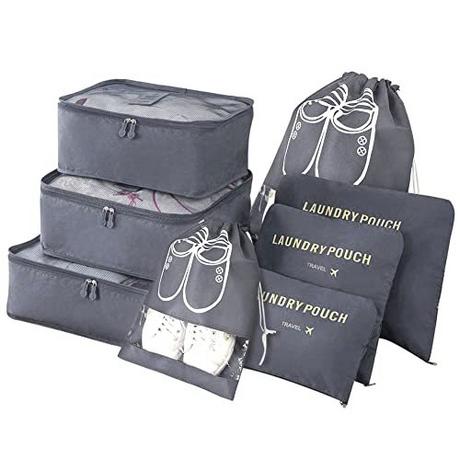 Only-bags.store  Organisateur de valise, 8-en-1 Set Organisateur de bagages, Sacs de vêtements de voyage imperméables comprenant 2 sacs à chaussures, 3 cubes d'emballage et 3 sacs de rangement, pour vêtements, chaussures, cosmétiques, gris 