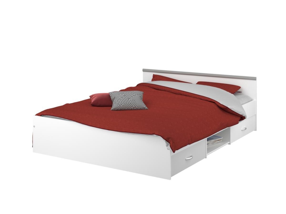 Vente-unique Bett mit Stauraum 140 x 190 cm - 2 Schubladen und 1 Ablagefach - Weiß + Lattenrost + Matratze - PABLO  