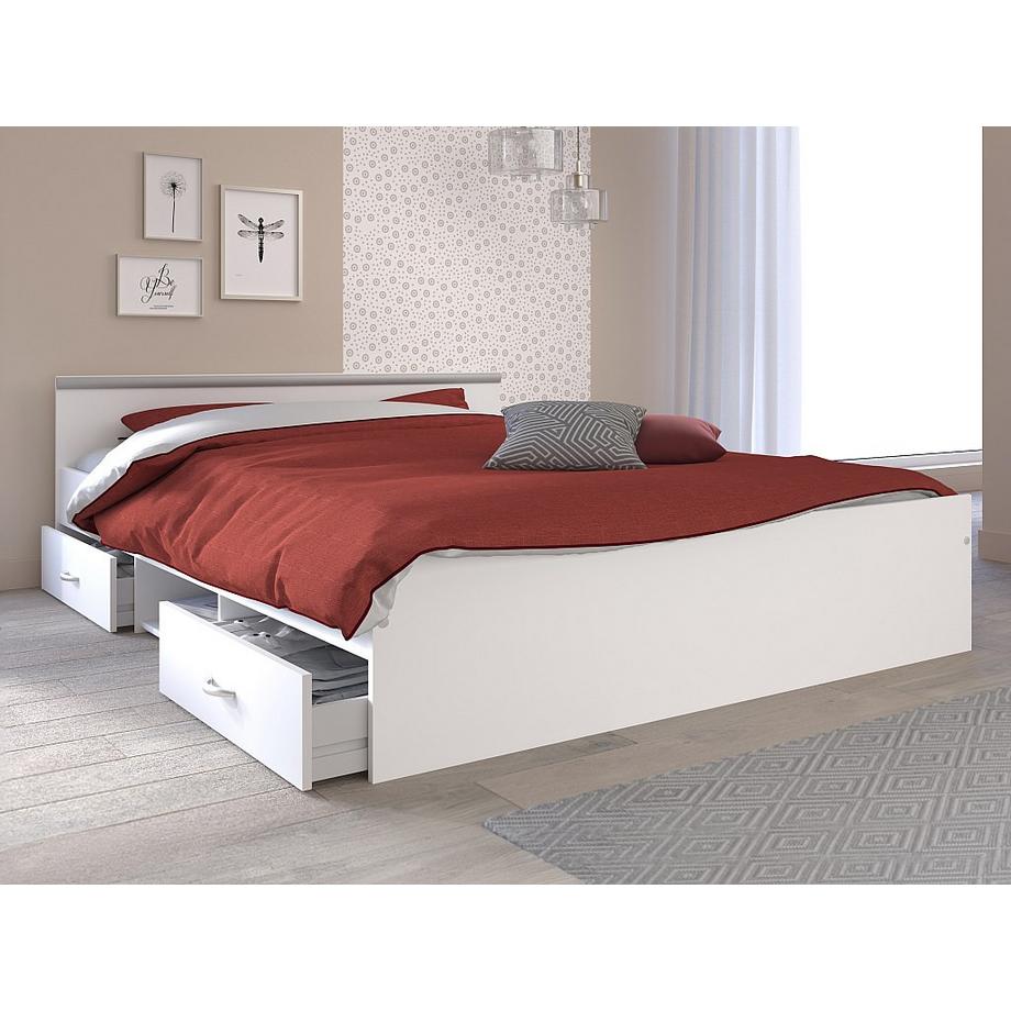 Vente-unique Letto con vani portaoggetti 140 x 190 cm 2 cassetti e 1 nicchia Bianco + Rete + Materasso - PABLO  