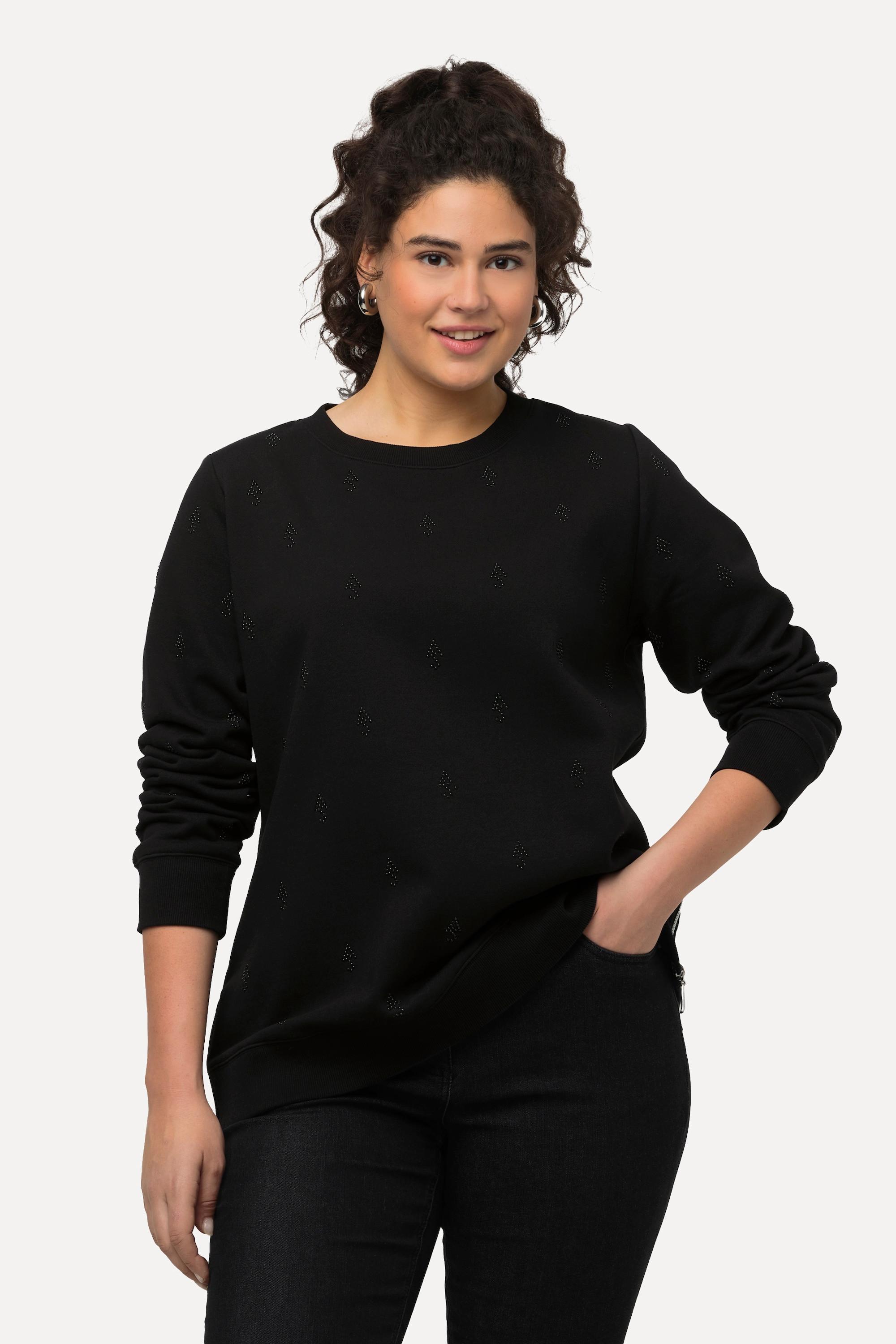 Ulla Popken  Sweat-shirt à col rond et manches longues, fermetures éclair et perles 