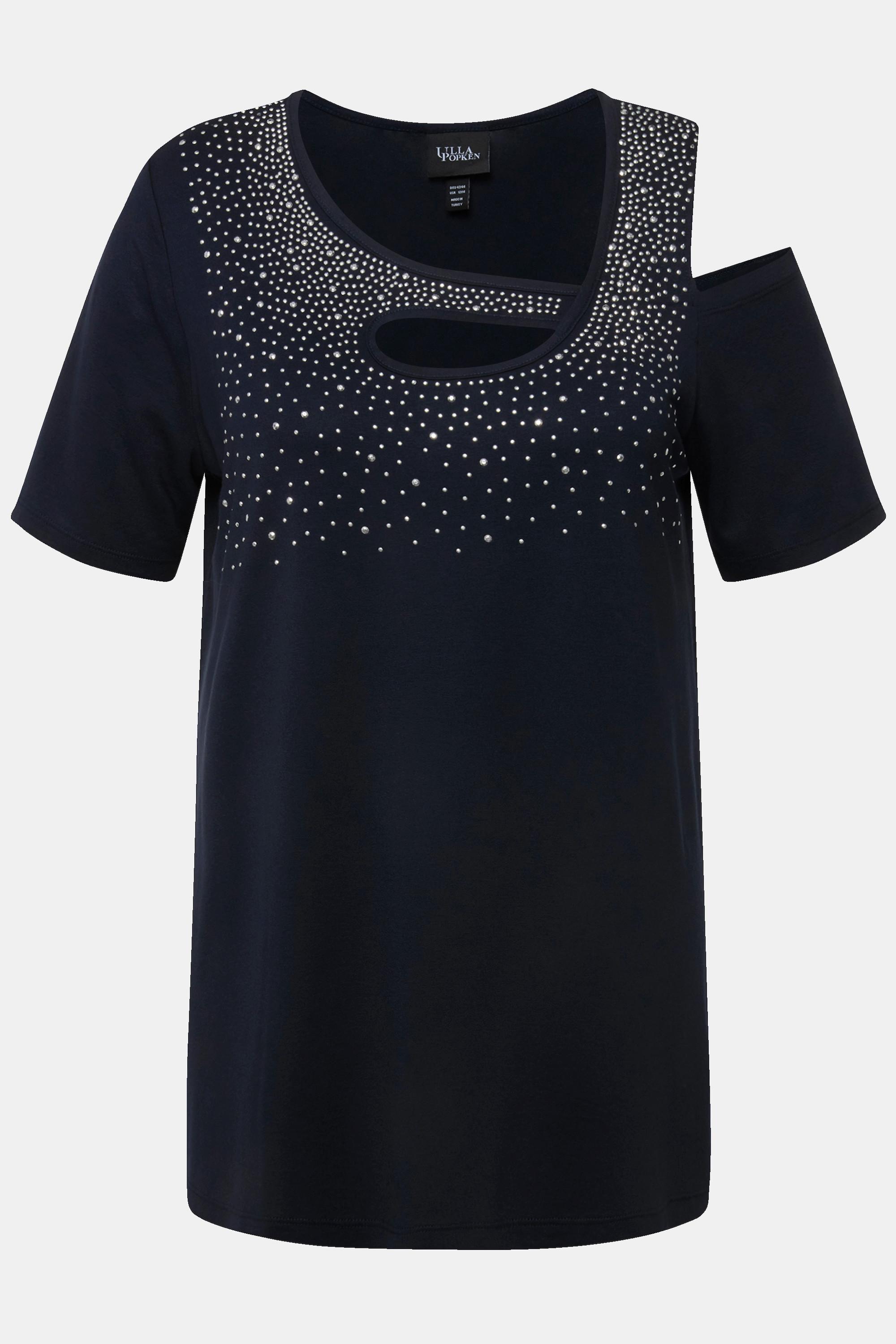 Ulla Popken  T-shirt à strass, col rond et manches 3/4. Ligne A 