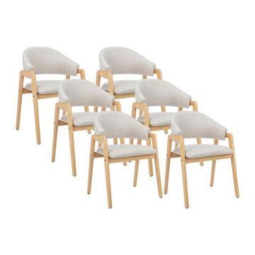 Lot de 6 chaises avec accoudoirs en tissu et bois d'hévéa - Beige et Naturel - SOLUNA