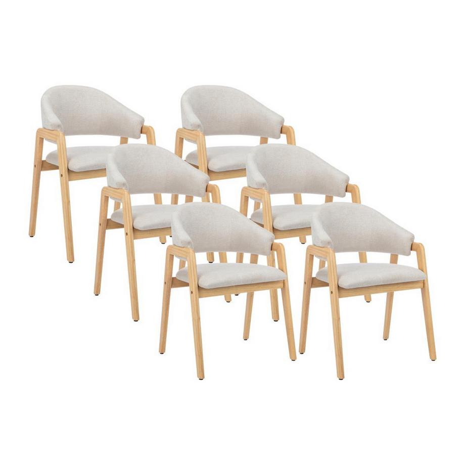 Lot de 6 chaises avec accoudoirs en tissu et bois d'hévéa - Beige et Naturel - SOLUNA