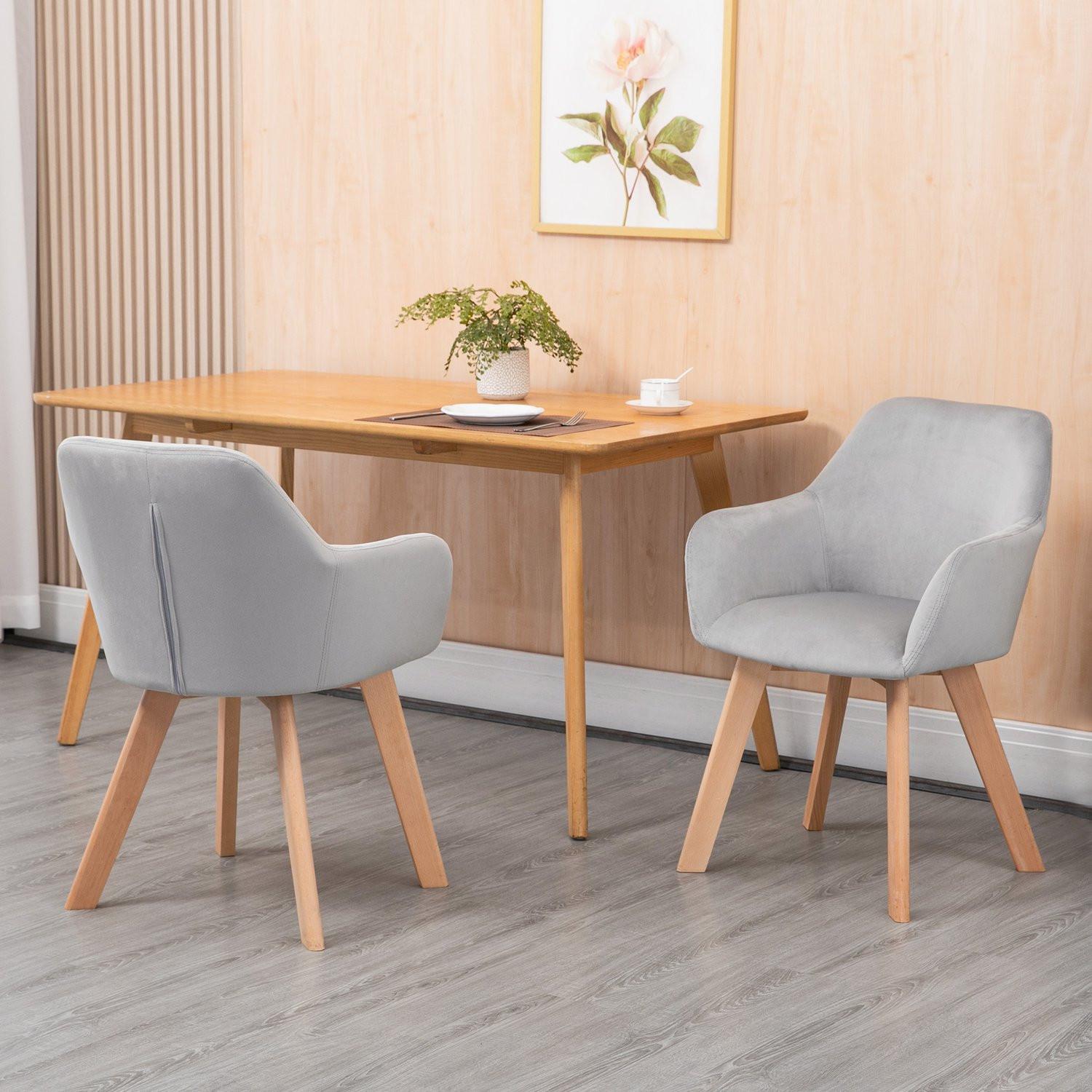 Northio Chaises de salle à manger lot de 2 chaises de cuisine avec accoudoirs et dossier, revêtement aspect velours, pieds en bois, gris  